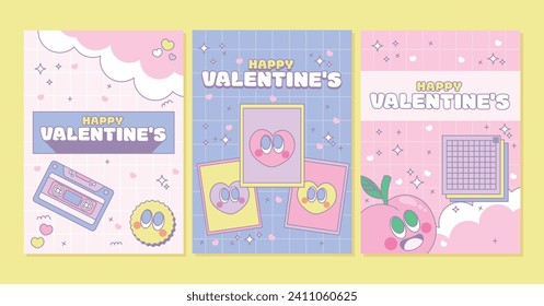 Set lovely cards, posters, backgrounds, kawaii Trendy love slogan. Love concept. Happy Valentines Day. Retro 90s cartoon style. Pink, purple and blue color.