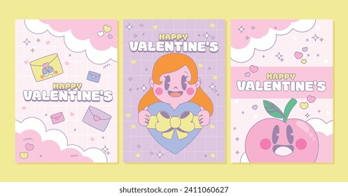 Set lovely cards, posters, backgrounds, kawaii Trendy love slogan. Love concept. Happy Valentines Day. Retro 90s cartoon style. Pink, purple and blue color.