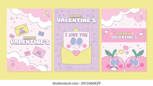 Set lovely cards, posters, backgrounds, kawaii Trendy love slogan. Love concept. Happy Valentines Day. Retro 90s cartoon style. Pink, purple and blue color.