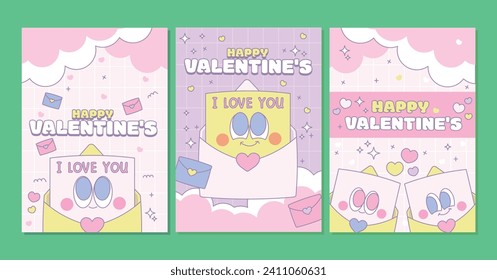Set lovely cards, posters, backgrounds, kawaii Trendy love slogan. Love concept. Happy Valentines Day. Retro 90s cartoon style. Pink, purple and blue color.