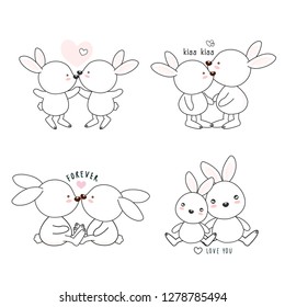 Set of lovely cartoon white rabbit fall in love . Flat line art style hand drawn design for greeting card, invitation,sticker .