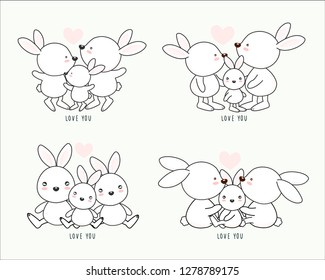 Set of lovely cartoon white rabbit family. Dad mom and baby rabbit cartoon.   