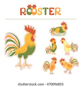Set lovely cockerels on a white background. Cute rooster sticker in cartoon style. Rooster symbol of Chinese New Year