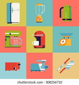 Set of lovely and colorful vector domestic kitchen appliances, tool and equipment square icons in trendy flat design featuring fridge, toaster, kettle, mixer, blender and more