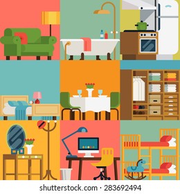 Set of lovely and colorful vector interior design room types icons in trendy flat design featuring living room, bedroom, kitchen, kids' room, bathroom, dining room, work space and hallway