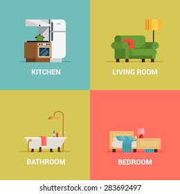 Set of lovely and colorful vector interior design room types web icons in trendy flat design featuring living room, bedroom, kitchen and bathroom 