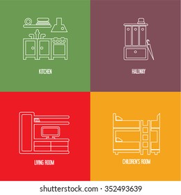 Set of lovely and colorful vector interior design room types icons in trendy flat design featuring hallway, kitchen,  kids' room, living room. Modern linear style