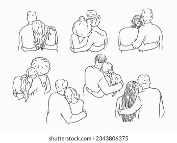 Set of lovely couple. Collection of illustrations of a loving young couple. Love story. Future family. Relationship. Vector illustration on white background.