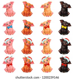 The set lovely cute cheerful little pink, red, yellow and black pig sits with Santa Claus cap and bow. A cartoon vector illustration isolated on white.