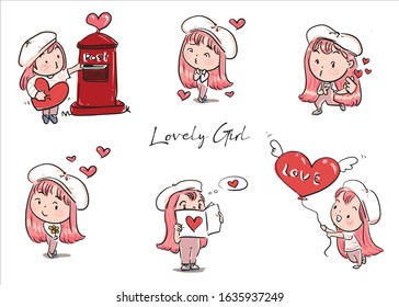 Set of Lovely Cute girl Vector pink color on white background.For Valentine`s day.