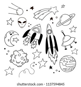 Set of lovely doodle icons. Hand-drawn rockets, planets and other cosmic elements.