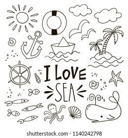 Set of lovely doodle icons. Hand-drawn bout, sea animals and other elements.