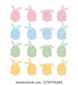 Set of lovely Easter egg bunny emoji in pastel color with delicate floral decorative element