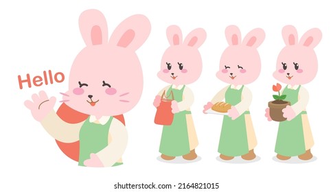 Set of lovely female rabbit wearing dress in various activity, standing and hold apron, bakery and flower in pot on hand with smile, animal cartoon, vector illustration