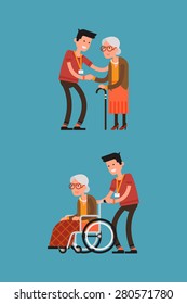 Set of lovely flat character design on young volunteer man caring for elderly woman | Adult man helping and supporting old aged female | Senior woman in wheelchair with careful man