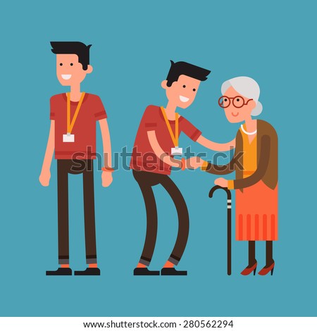 Set of lovely flat character design on young volunteer man caring for elderly woman | Adult man helping and supporting old aged female | Older person standing holding hand of adult man, full length