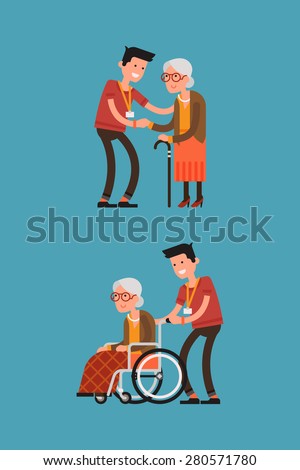 Set of lovely flat character design on young volunteer man caring for elderly woman | Adult man helping and supporting old aged female | Senior woman in wheelchair with careful man