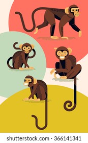 Set of lovely flat design vector monkey characters in different poses. Laughing and smiling apes in stylish and creative geometric style, isolated