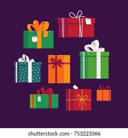 Set of lovely flat vector festive holiday gift boxes and present packages. Ideal for Birthday or Christmas themed web and graphic design