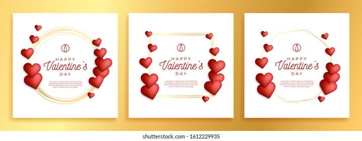 Set of Lovely gold outline frame or border with hearts for valentine day stock vector illustration. Creative card, poster, banner or flyer design