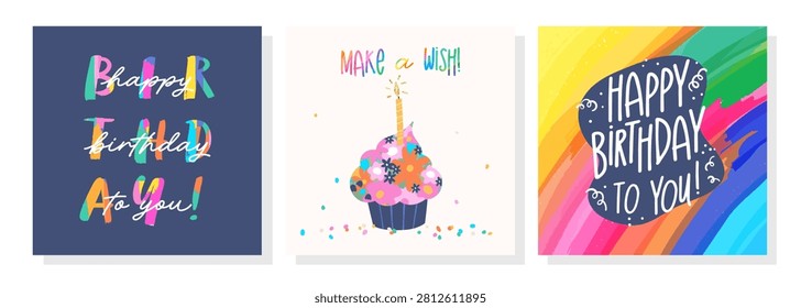 Set of lovely hand drawn birthday cards with fun typography and vibrant colors, universal artistic templates 