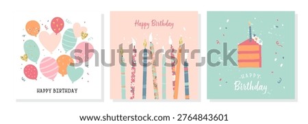 Set of lovely hand drawn birthday cards with balloons and decoration, universal artistic templates 
