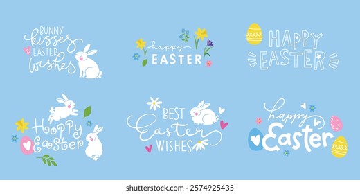 Set of lovely hand drawn Easter designs with sweet bunnies, eggs and decoration. Cute happy Easter, best wishes, bunny kisses, hoppy Easter typography collection.