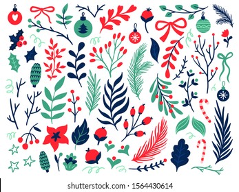 Set of lovely hand-drawn winter elements. Christmas vector illustration with floral graphic design. Great for wallpaper, website, postcard, banner, print or ads.