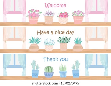 Set of lovely house plants in pot on wood shelf , flower , rose , cactus . Flat design for banner. Vector illustration