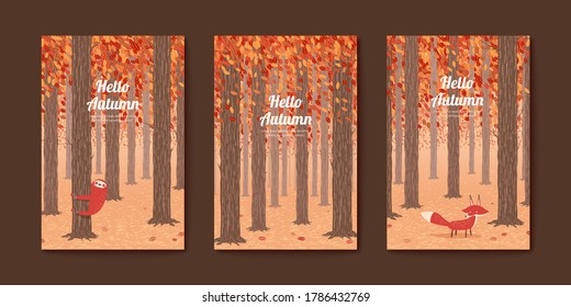 Set of lovely illustration for autumn, red fox and sloth in the fall forest