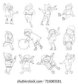 Set with lovely kids playing in winter clothes. Outdoor activities, happy doodle children in hand drawn style.