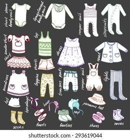 Set of the lovely kids wear drawn by hand with names in English. Multi-colored contours against a dark background.Vector illustration.