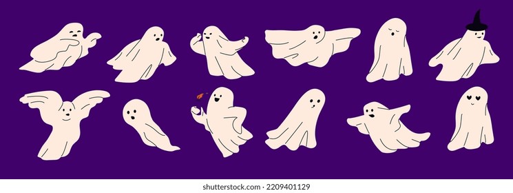 Set of lovely nice ghosts with different emotions. Halloween. Spirits, phantoms. Sticker. Collection. Flat vector illustration for children.