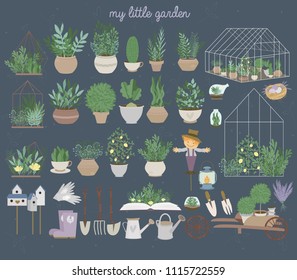 Set of Lovely objects in the provence garden.  Plants in the pots, terrarium and garden tools. Editable vector illustration