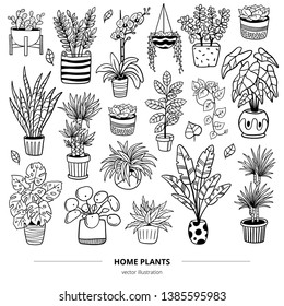 Set of lovely plants in pots. Doodle monochrome vector illustration. Natural design elements can be used for postcards, banners, websites or ads.