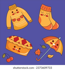 süße Kürbiskuchen-warme Socken Pullover Schirm Charaktere Vektorgrafik