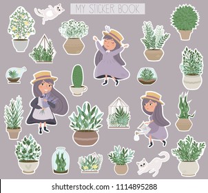 Set of Lovely stickers with plants in the pots, terrarium, girls, cats in Provence style. Vintage garden objects. Editable vector illustration