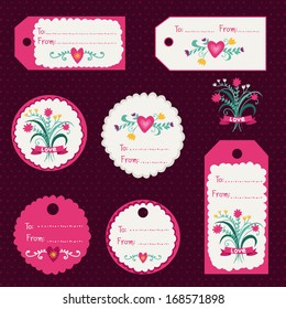 A set of lovely tags or sticker collection for wedding or valentines day with hearts and flowers.