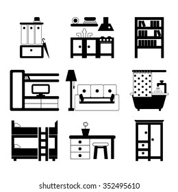 Set of lovely vector interior design room types icons in trendy flat design featuring living room, hallway, kitchen, bathroom, kids' room, bookcase, sofa, wardrobe, table and chair