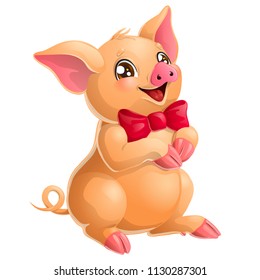 Set the lovely yellow little pigs Duroc breed with red bow and brown eyes sits. A cartoon vector illustration isolated on white.