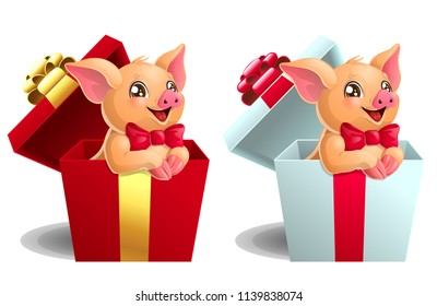 Set the lovely yellow little pigs with red bows sits in the gift white and red box. A cartoon vector illustration isolated on white.