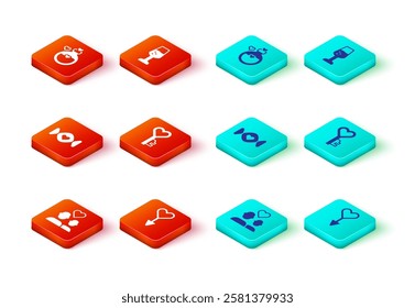 Set Lover couple, Female gender symbol, Candy, Key in heart shape, Glass of champagne and Bottle with love potion icon. Vector