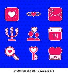 Set Lover couple, Key in heart shape, Heart, Calendar with February 14, Search and love, Candlestick, Envelope Valentine and  icon. Vector