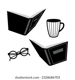 A set of lover of reading books. Open books. Relax with a book over a cup of tea. Black and white illustration in geometric style. Reading Glasses. Knowledge, learning and education concept design