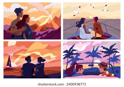 Set of Lovers admire sunset. Happy young couples on romantic date on yacht, beach or in mountains. Men and women show tenderness and love. Cartoon flat vector collection isolated on white background