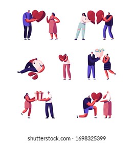 Set of Lovers in Beginning and End of Loving Relations. Young Man and Woman Characters Pull Apart Broken Heart Parts, Dating. Man Giving Flowers and Gift to Woman. Cartoon People Vector Illustration