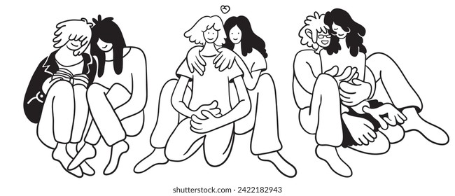 set of lovers on a date. couple hugging and kissing.people in lines doodle style.template for poster invitation sticker logo website design