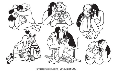 set of lovers on a date. couple hugging and kissing.people in lines doodle style.template for poster invitation sticker logo website design