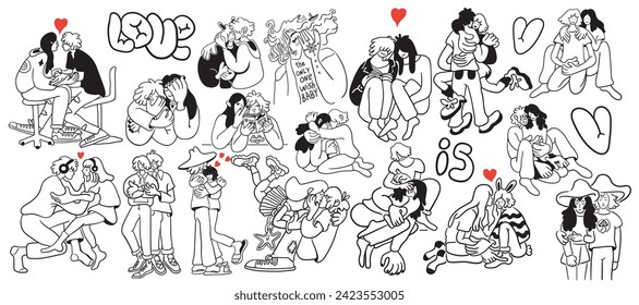 set of lovers on a date. couple hugging and kissing.people in lines doodle style.template for poster invitation sticker logo website design