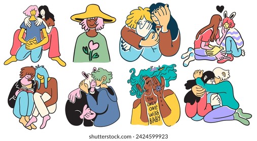 set of lovers on a date. couple hugging and kissing.people in doodle flat style in vector.template for poster invitation sticker logo website design